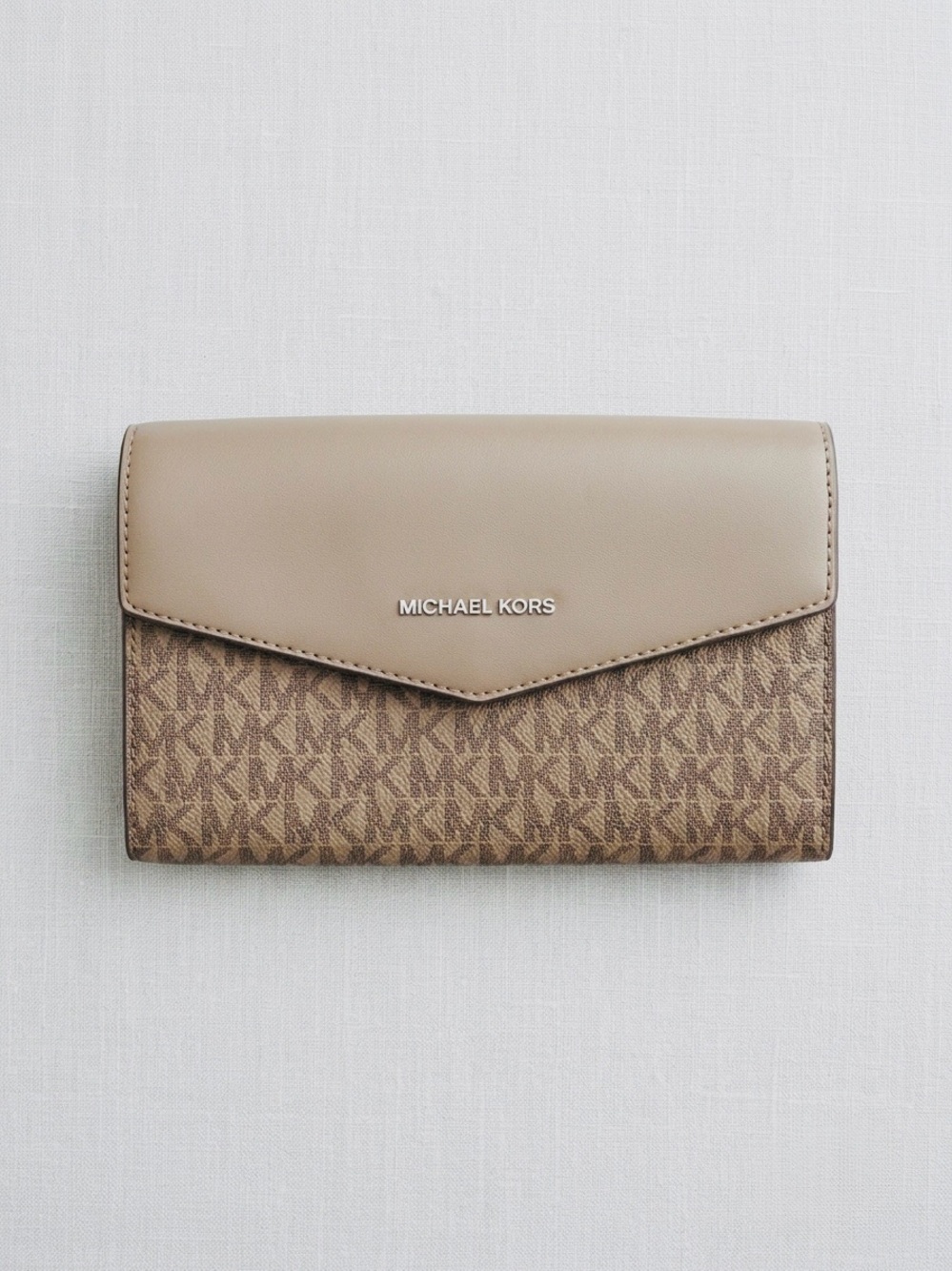 Michael Kors Brown Monogram and Taupe Leather Envelope Wallet